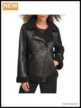 Faux Shearling Moto Jacket Women's Sherpa Lined Zip Up Coat